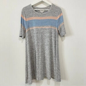 Lou & Grey M Jersey Knit Striped Fit and Flare Dress Grey and Pink Midi Dress